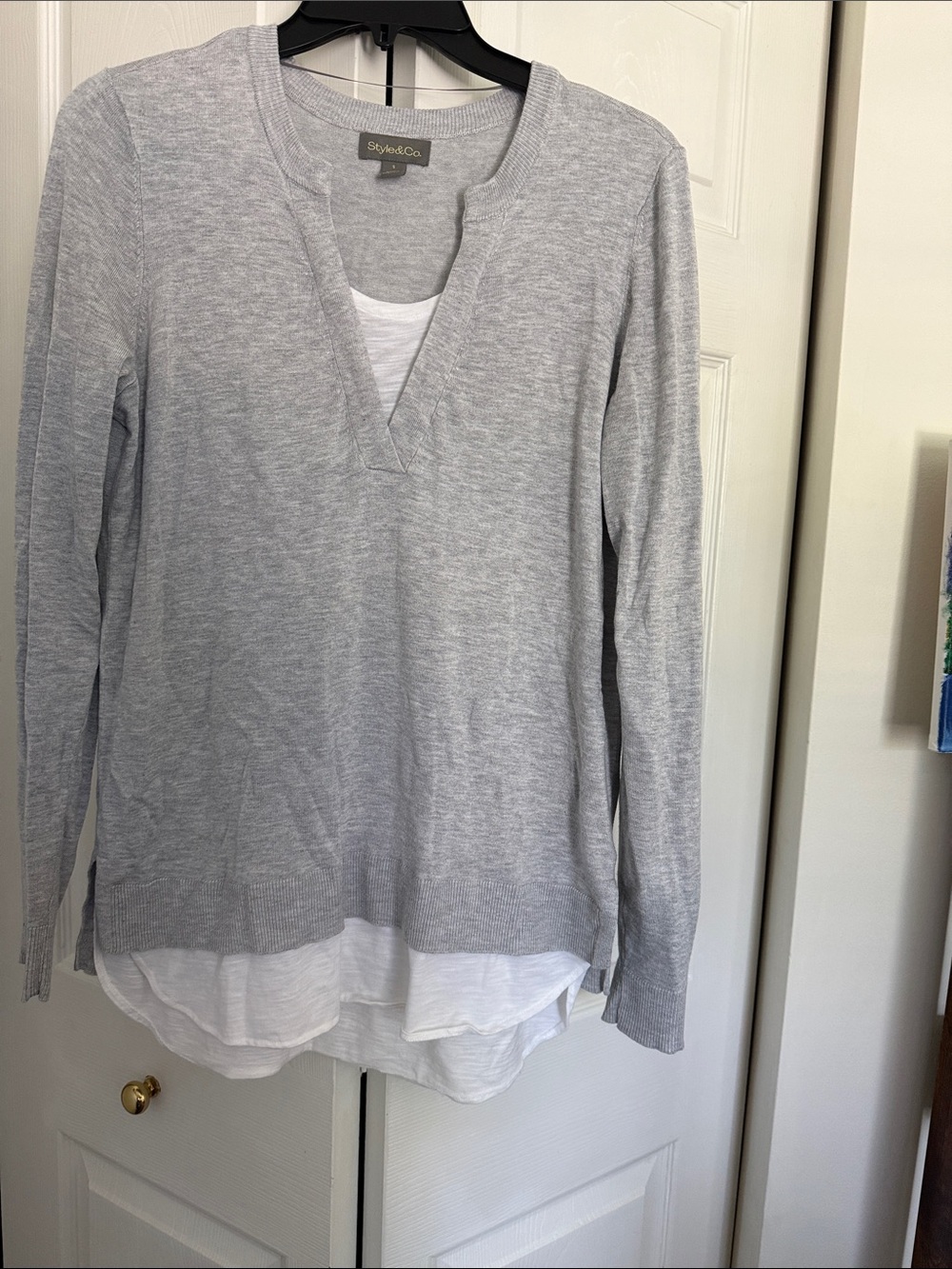 Style & Co. Women's Gray Layered V-Neck Tunic with White Underlay